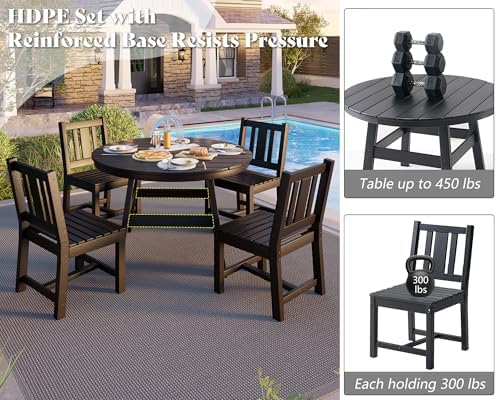AMERLIFE Outdoor Dining Set for 4, HDPE Round Table and Chairs, Black