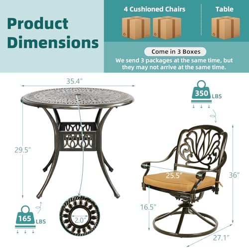 MEETWARM 5-Piece Outdoor Patio Dining Set, All-Weather Cast Aluminum Patio Co...