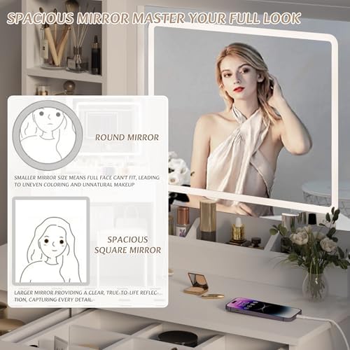 Dressing Table Set, Large Storage Space vanity with Mirror, Power Outlet, Mak...