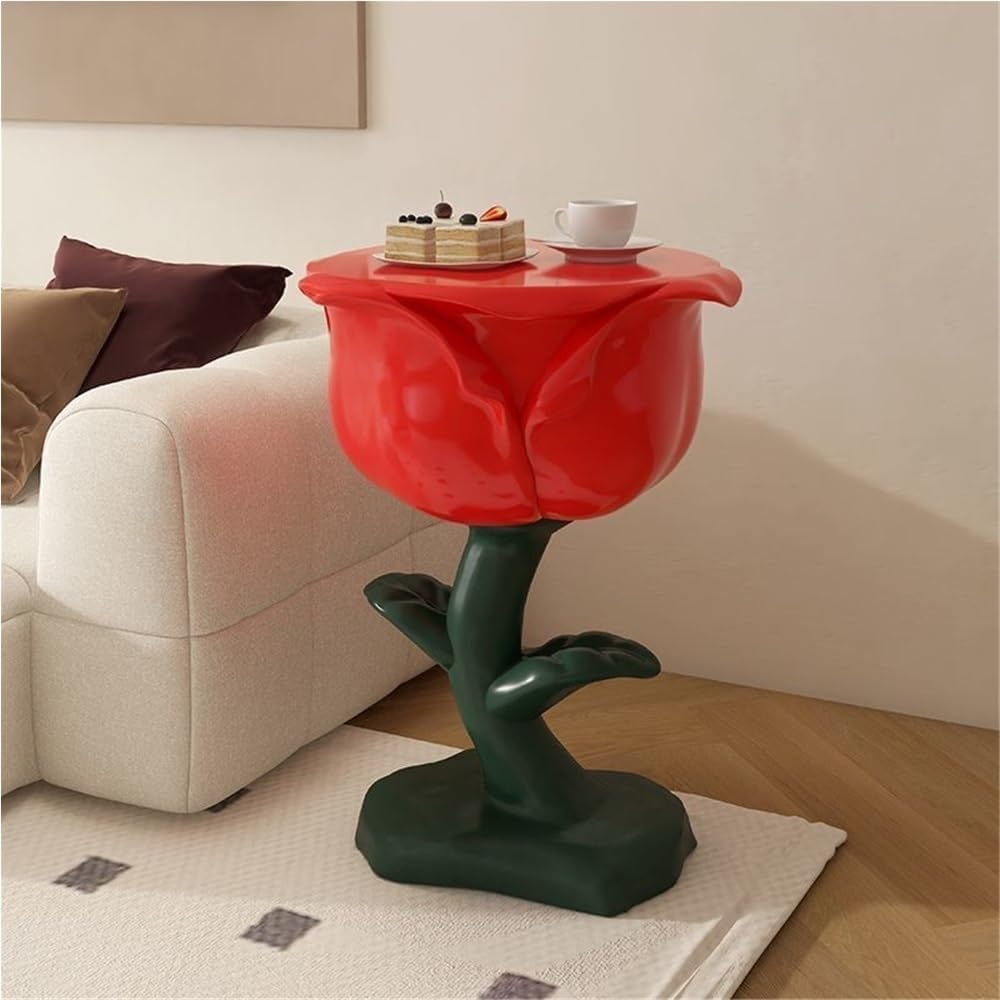 Romantic Rose-Shaped Side Table, Resin Bedside Table with Round Corner, Multi...