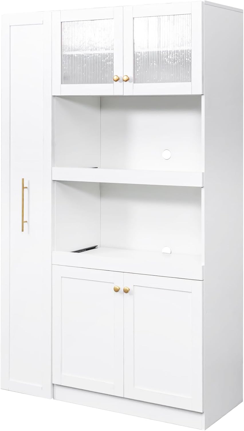 LUMISOL Farmhouse Kitchen Pantry Cabinet with Pull-Out Multi-ttier Storage Sh...