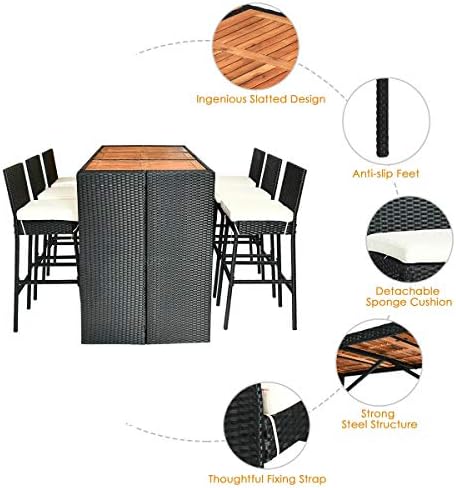 Tangkula 7 PCS Outdoor Wicker Furniture with Acacia Wood Bar Table Top and Re...