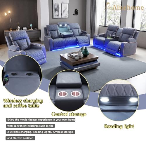 A Ainehome Sanded Leather Power Recliner Sofa Set with LED, 3 Pieces Living R...