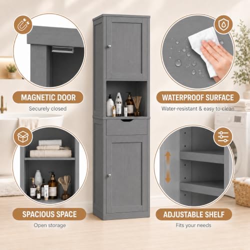 Walsunny Tall Bathroom Storage Cabinet with 6 Adjustable Shelves, Gray
