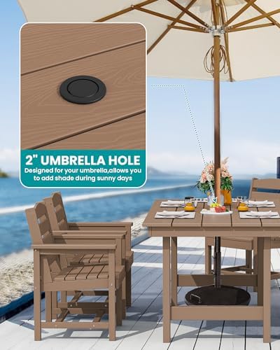 SERWALL 7 Pcs Outdoor Dining Set, 1 Umbrella Hole Table & 6 Chairs, Brown