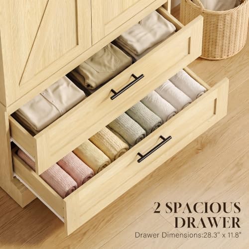YESHOMY 70.9" Wardrobe Closet with Sensor Light, 2 Drawers (Oak)