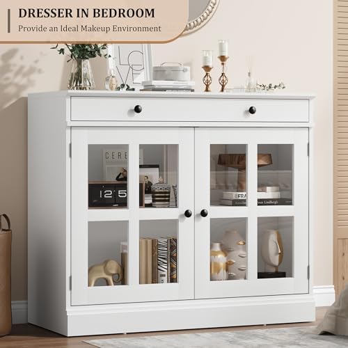 GarveeHome Modern 35.4" Sideboard Buffet Cabinet with Glass Door, White