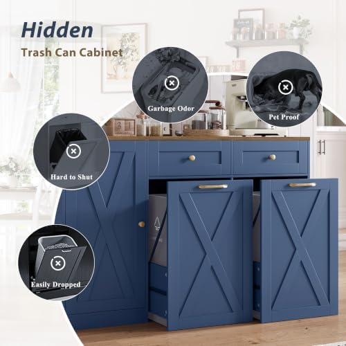 HOSTACK 12.5 Gallon Trash Can Cabinet, 47" W Dual Garbage Can Cabinet, Blue