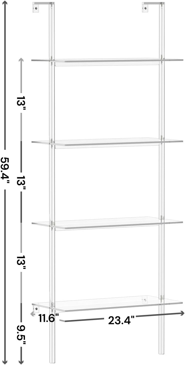 Acrylic Ladder Bookshelf, 4-Tier Clear Wall Mounted Bookshelf with Open Shelv...