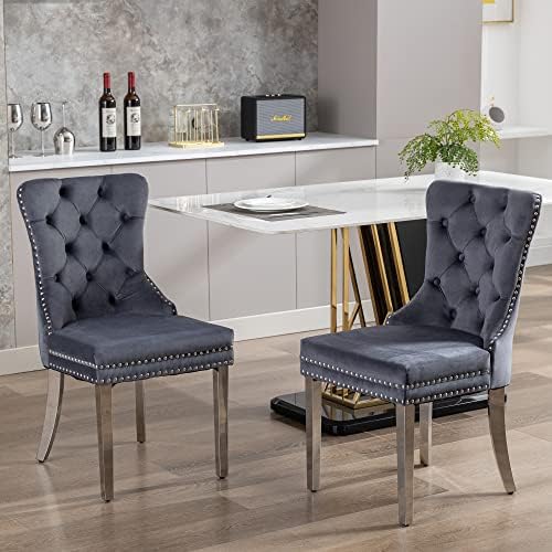 Velvet Dining Room Chairs Set of 2, Button Tufted, Silver Legs, Dark Gray