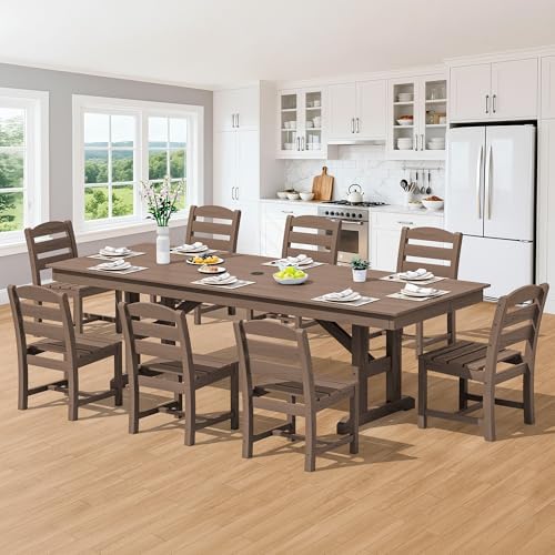 SERWALL 9Pcs 84" HDPE Outdoor Dining Set for 8 with Armless Chairs,Brown