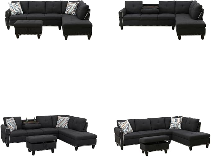 Sectional Couches for Living Room with Movable Chaise & Storage Ottoman -...