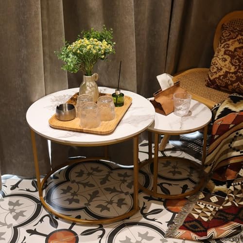 aboxoo Coffee Table Nesting White Set of 2 Side Set Golden Frame Circular Rou...