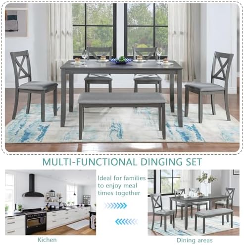LUMISOL 6-Piece Dining Table Set with Bench, Farmhouse Solid Wood Kitchen Tab...