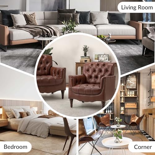 HULALA HOME Mid Century Modern Genuine Leather Accent Chair Set of 2, Brown |...