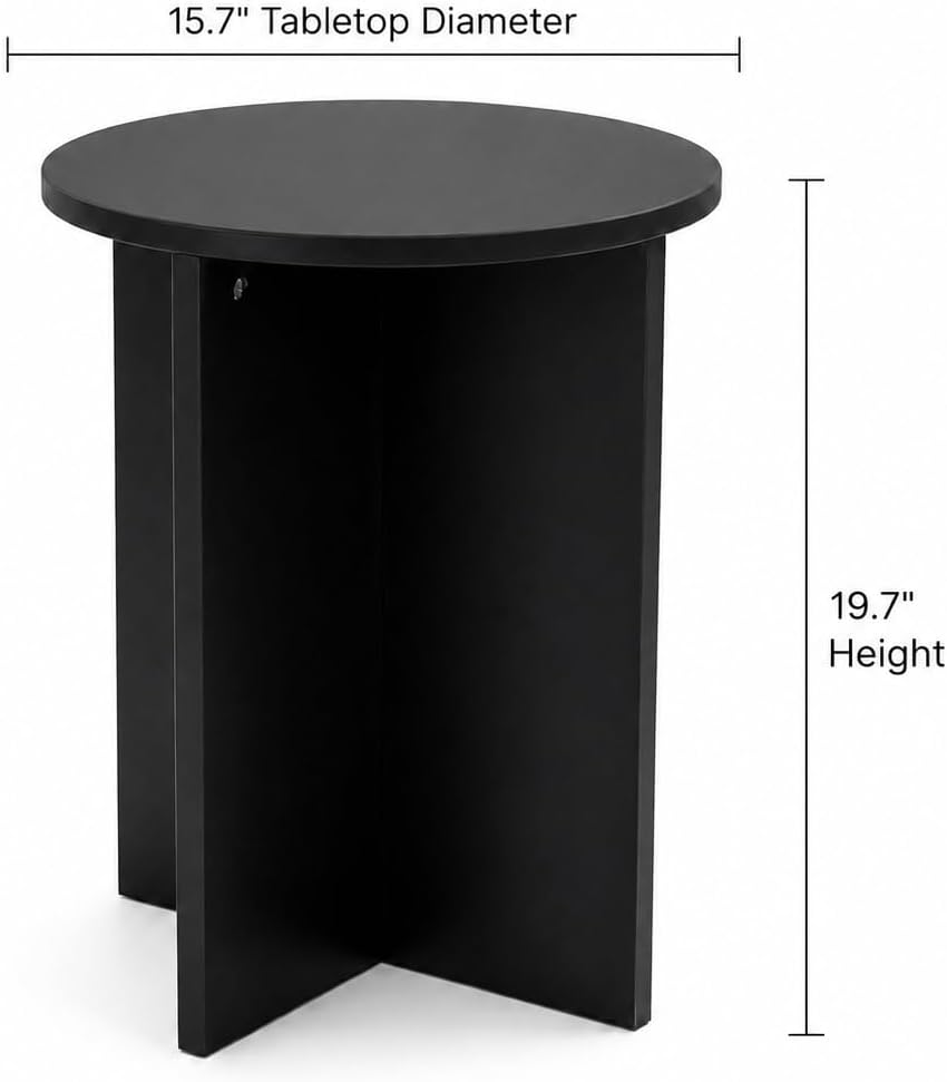 Black Round Side Table, Solid Rubber Wood Small End Table, 15.7" D | 19....