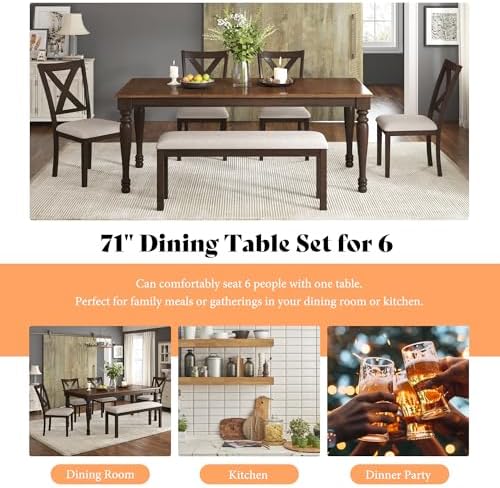 AMERLIFE 6 Piece Farmhouse Dining Set with 71" Solid Wood Table, Brown