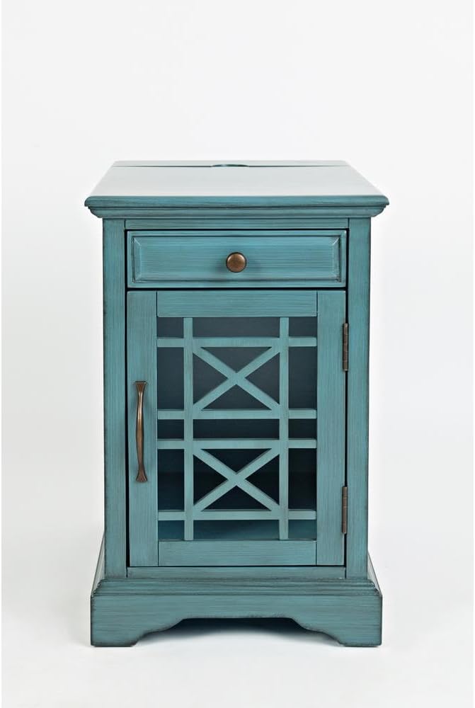 Blue Chairside End Table with USB Charging Ports, Acacia, Glass Construction