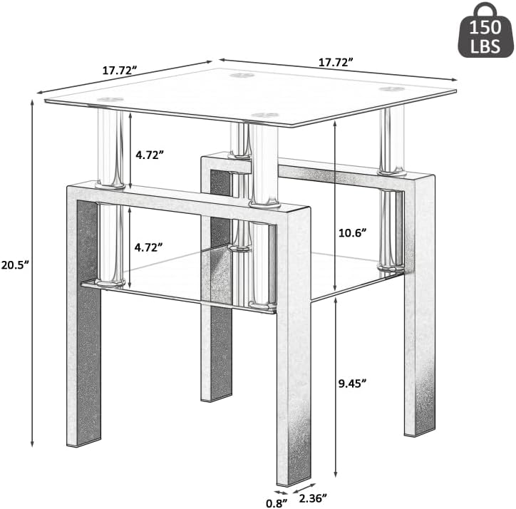 Set of 2, Modern Tempered Glass Tea Table Coffee Table End Table, Square Tabl...