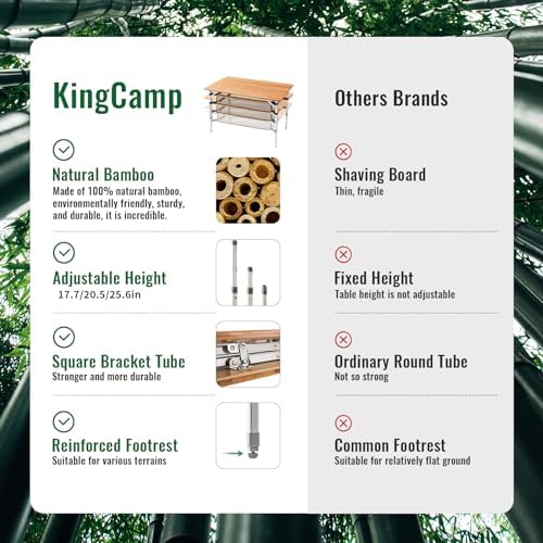 KingCamp Adjustable Height Bamboo Folding Camping Table with Storage