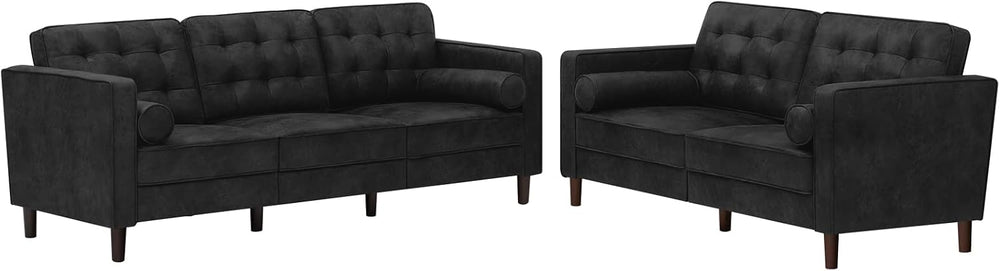 Suede Leather Upholstered Sofa Set with Tufted Backrests, Black