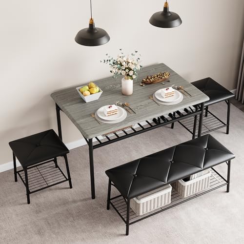 GAOMON Dining Table with Benches, Kitchen Table Set for 4, Dining Room Table ...