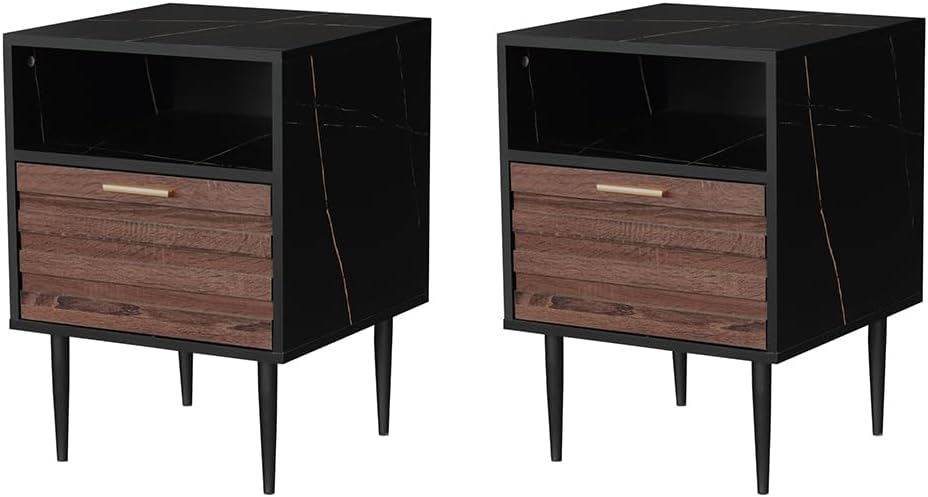 GIA Home Furniture Series Walnut Nightstands Set of 2, Faux Black Walnut Marb...