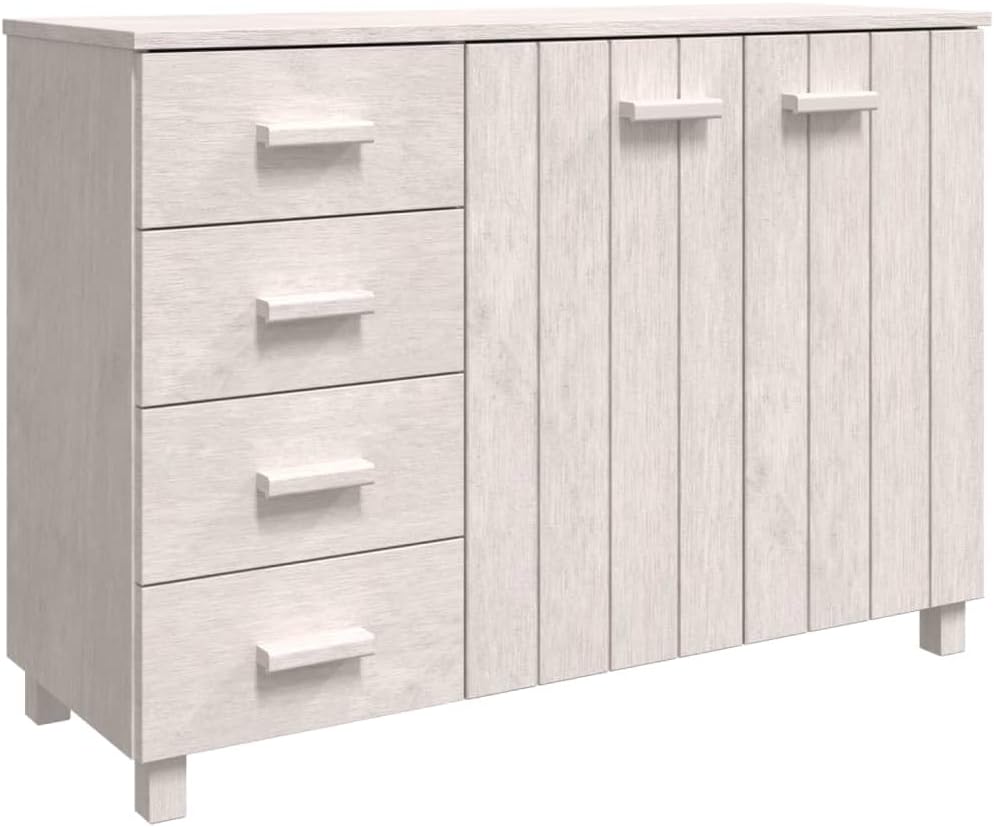 White Solid Pinewood and MDF Sideboard with 4 Drawers and 2 Doors, Modern Sto...