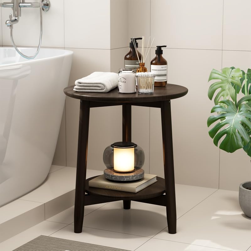 Round End Table,Solid Wood Small Round Table with Lower Shelf,Round Side Tabl...