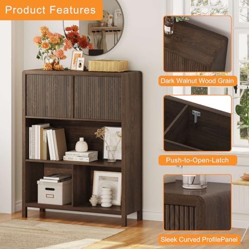 FATORRI Bookshelf with 2 Fluted Wooden Doors, Farmhouse Modern Accent Bookcas...