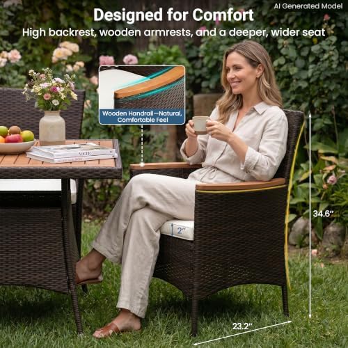 Wisteria Lane Rattan Patio Table and Chairs Set with Acacia Tabletop, Brown