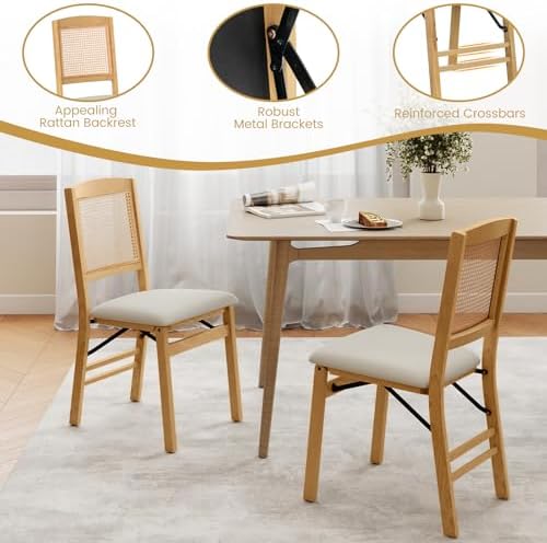 KOTEK Folding Dining Chairs Set of 4, Wooden Kitchen Chairs with Padded Seat ...