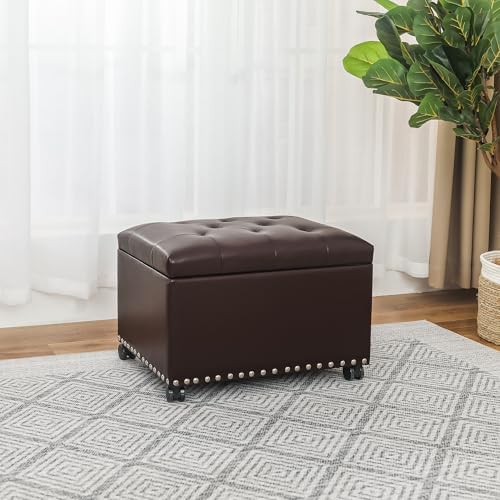 Joveco Leather Storage Ottoman with 360° Caster Wheels 24" Foot Rest Ben...