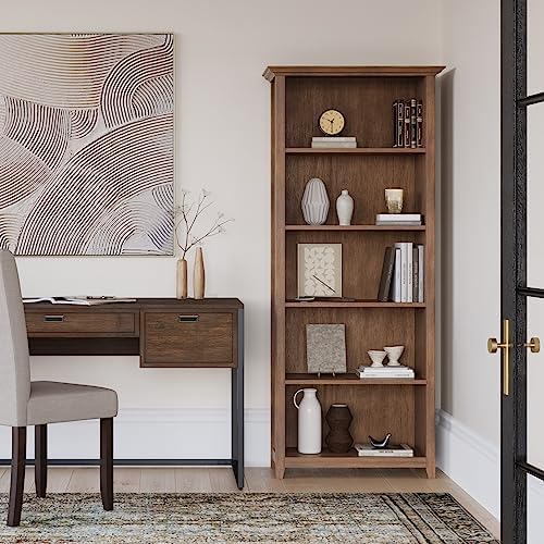 SIMPLIHOME Amherst 70" Tall Solid Wood 5-Shelf Bookcase in Brown