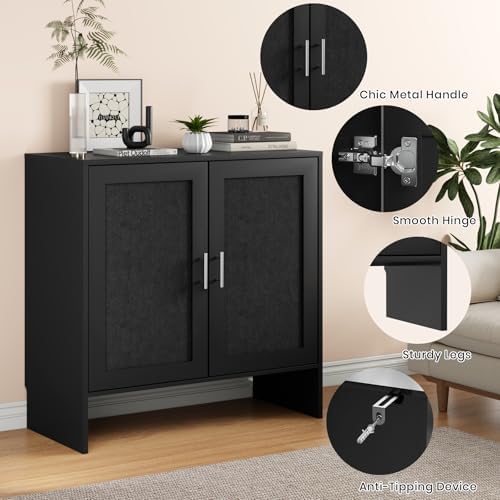 DHZ Buffet Cabinet with Storage, Farmhouse Sideboard with Black Rattan Doors ...