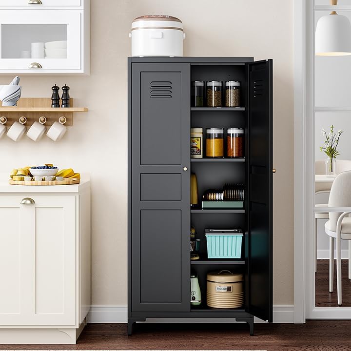 Black Kitchen Pantry Storage Cabinet,Pantry Cabinets with Doors and Adjustabl...