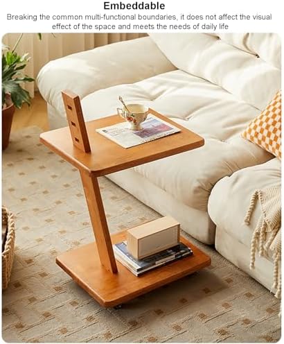Solid Wood 2-Tier Side Table with Adjustable Height, Mobile End Table & S...
