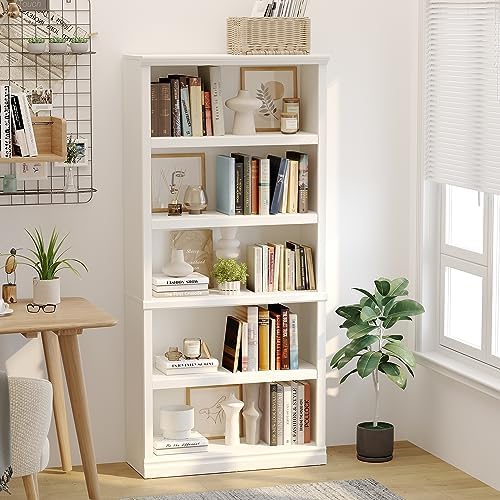 blini 5-Shelf Tall Bookcase White Wooden Bookshelves 33in Wide 5 Tier Bookcas...