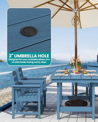 SERWALL 7 Pcs Outdoor Dining Set, 67" HDPE Dining Set for 6, Blue