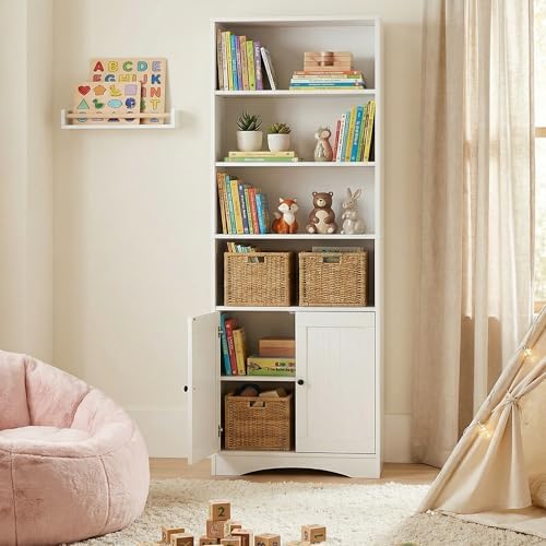 Gizoon 6-Shelf Bookcase, White Bookcases with Doors