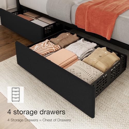 Garvee Full Size Bed Frame, Linen Bed Frame with 4 Storage Drawers, Black