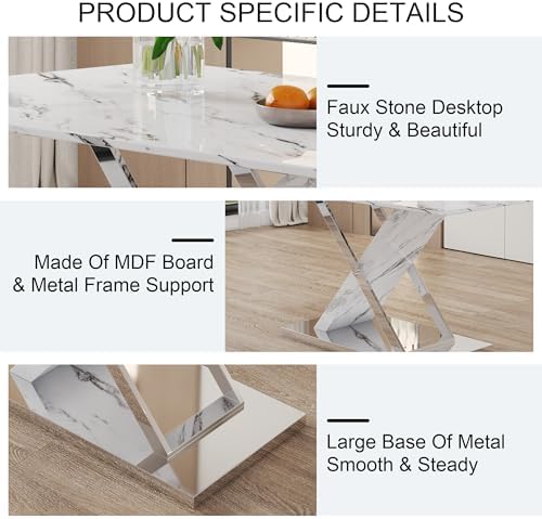 Marble Dining Table Set for 4,63 in White Rectangular Table with Sliver Metal...