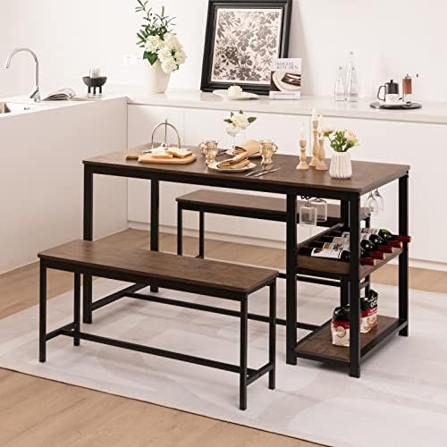 GIANTEX Dining Table Set for 4, 3-Piece 55" L Kitchen Table Set w/ 2 Ben...