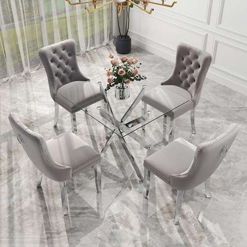 5 Piece Silver Luxury Glass Dining Set, Modern Minimalist Kitchen Table Set f...