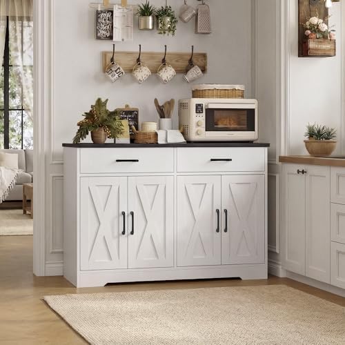 HOSTACK 47" W Kitchen Sideboard Buffet Cabinet with Storage Drawers, White