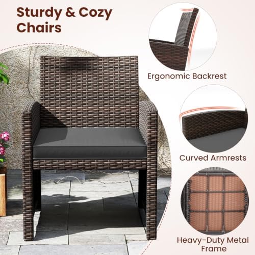 Tangkula 3 Piece Patio Wicker Dining Set, 2 Rattan Chairs with Rectangle Temp...
