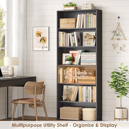 FOTOSOK 6 Tier Tall Bookshelf and Bookcase with Open Display Shelves, Black