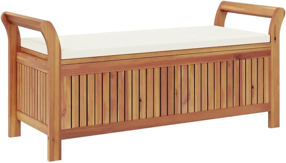 Solid Acacia Wood Patio Storage Bench 49.6 Inch | With Cushion, Curved Arms, ...