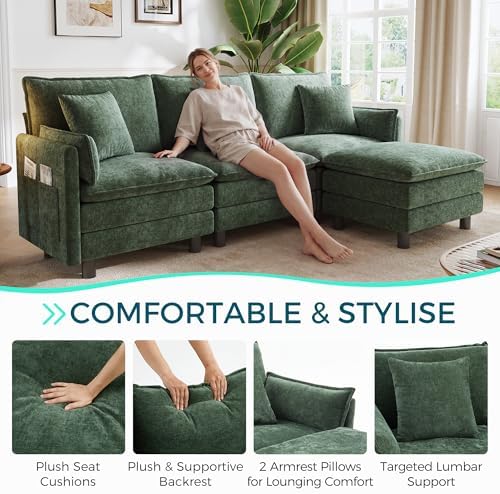 LINSY HOME 98'' Modular Sectional Sofa 3 Seat Couch Chenille Cloud Co...