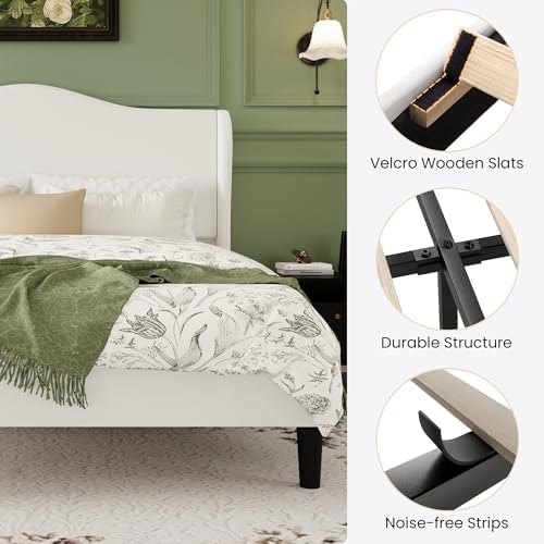 SHA CERLIN Queen Size Bed Frame with Curved Wingback Headboard,Soft White